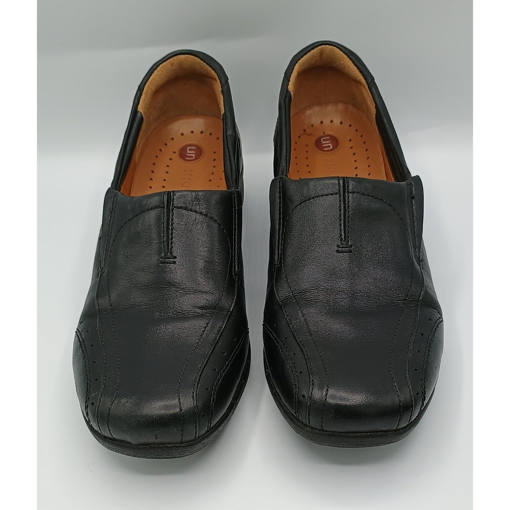 UNSTRUCTURED Clarks Black Leather Slip On Shoes Woman's Size 9M #60930